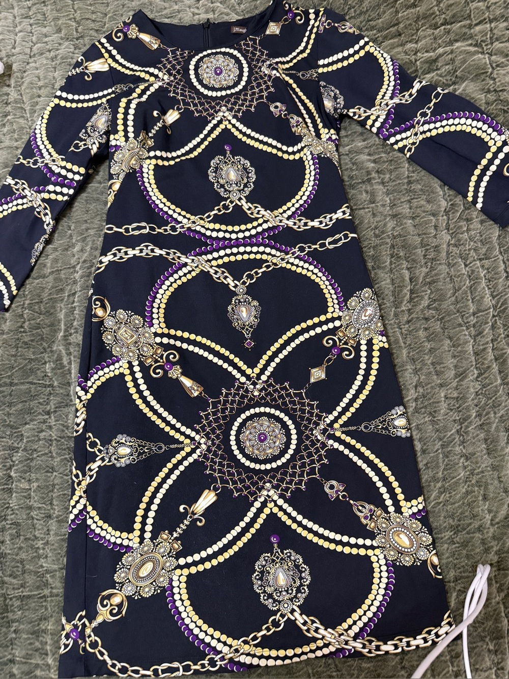 J. McLaughlin Navy Jewel-Print Long Sleeve Sheath Dress